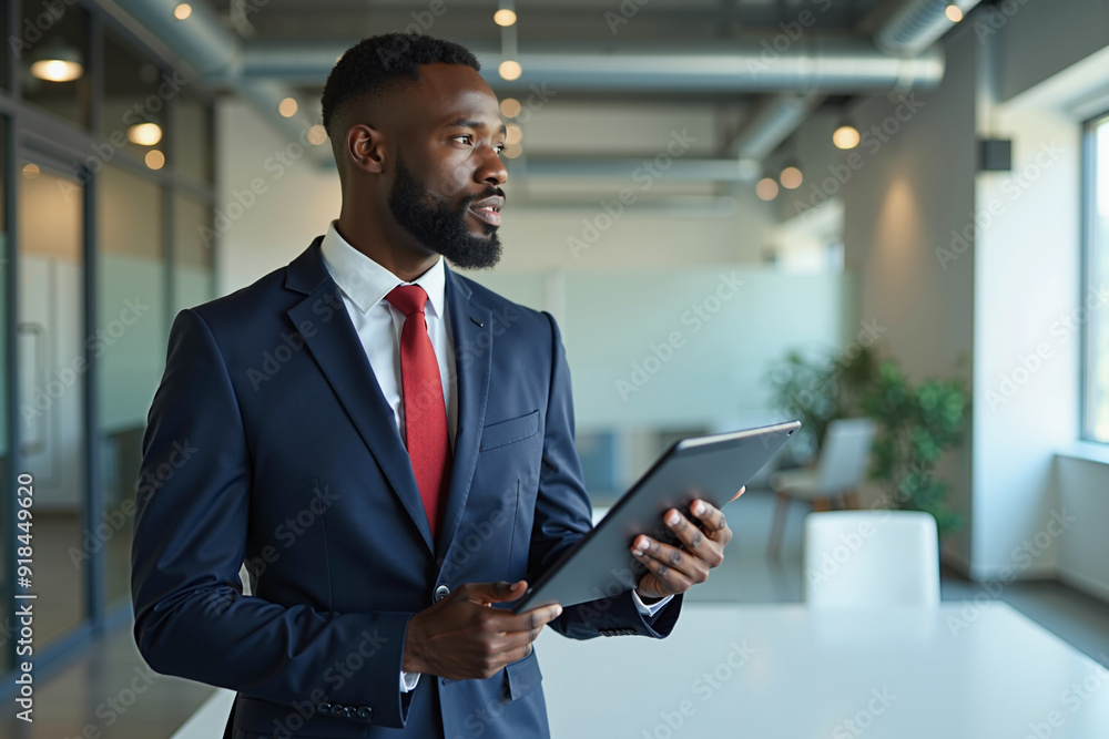 photo of man in navy suit outfit and red tie holding tablet in the office, generative AI photo of man in navy suit outfit and red tie holding tablet in the office, generative AI