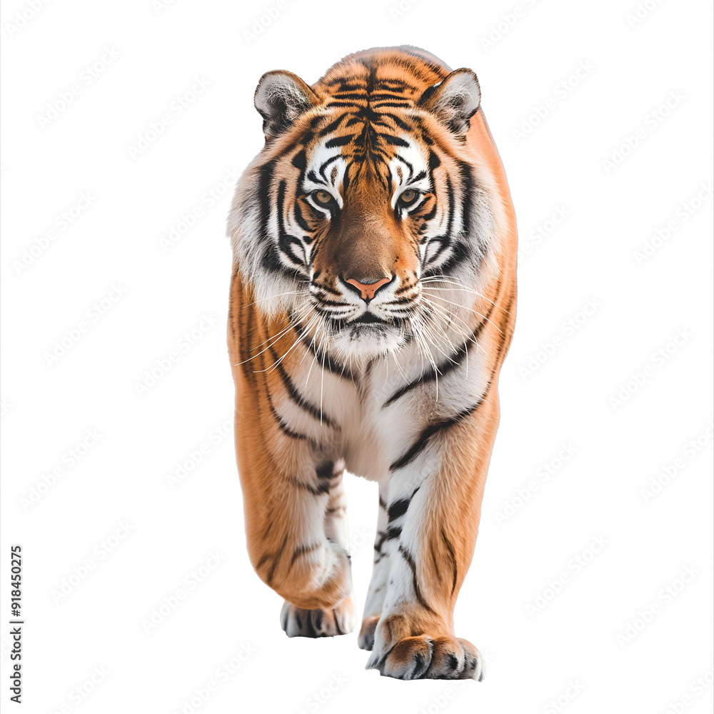 Obraz premium Majestic Bengal Tiger Walking Forward Isolated on White Background