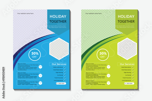  Holiday promotion flyer with agency logo and icon and travel flyer design template.
