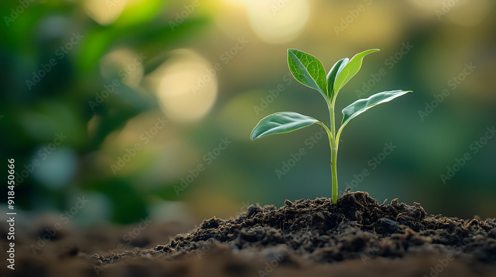 Young Plant Sprouting from Rich Soil at Dawn Young Plant Sprouting from Rich Soil at Dawn