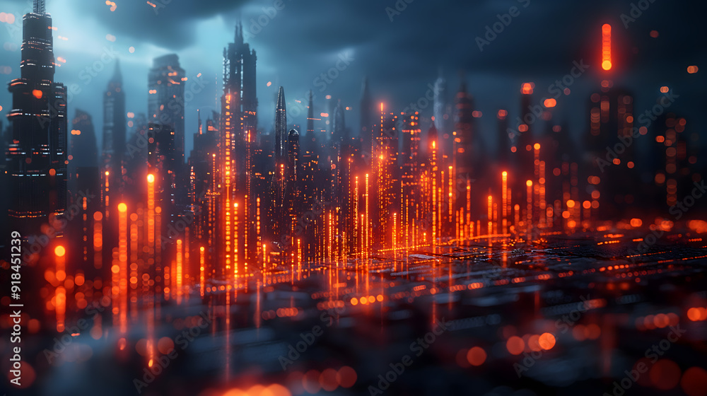 Fototapeta premium Futuristic Cityscape with Glowing Red Lights and Dark Sky