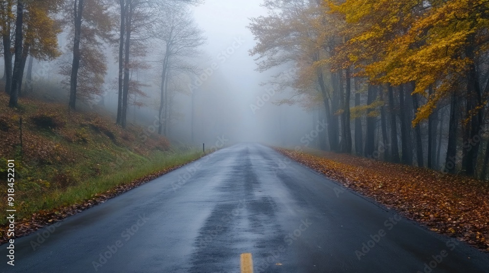 Fototapeta premium Foggy Road Through Autumn Trees