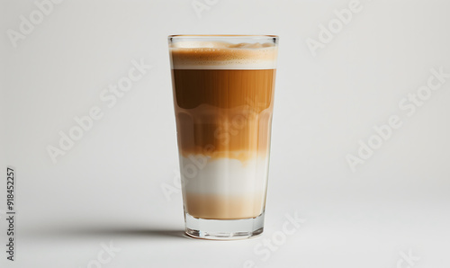 Layered Latte Macchiato in a Tall Glass on a White Background