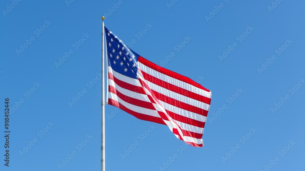 Fototapeta premium A patriotic shot of the American flag waving in the wind, with clear blue skies in the background