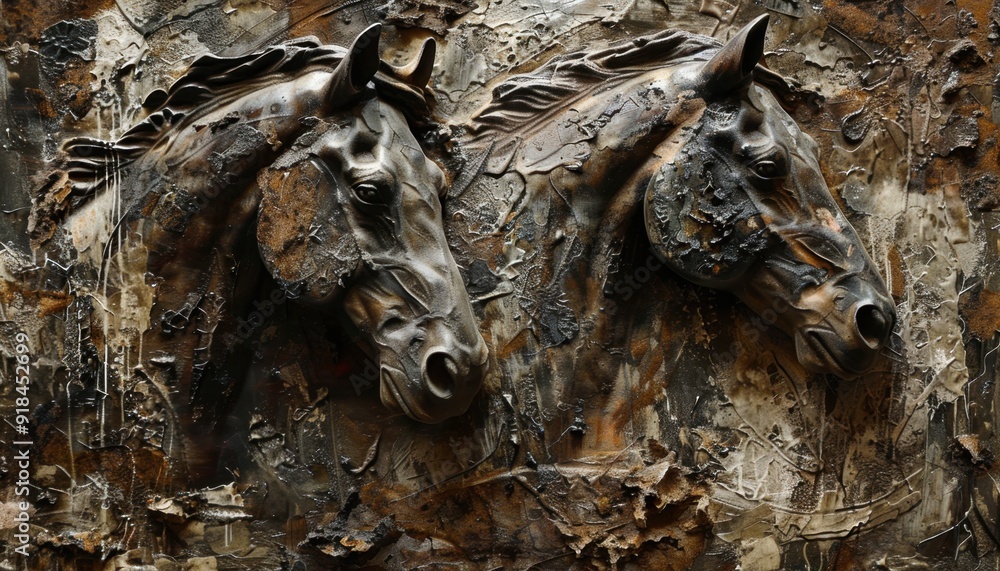 Artistic representation of two horse heads in a textured, mixed-media piece showcasing intricate details and earthy tones Artistic representation of two horse heads in a textured, mixed-media piece showcasing intricate details and earthy tones