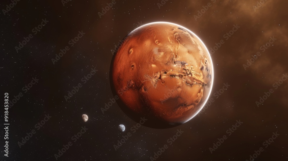 A detailed and realistic depiction of the planet Mars in outer space A detailed and realistic depiction of the planet Mars in outer space