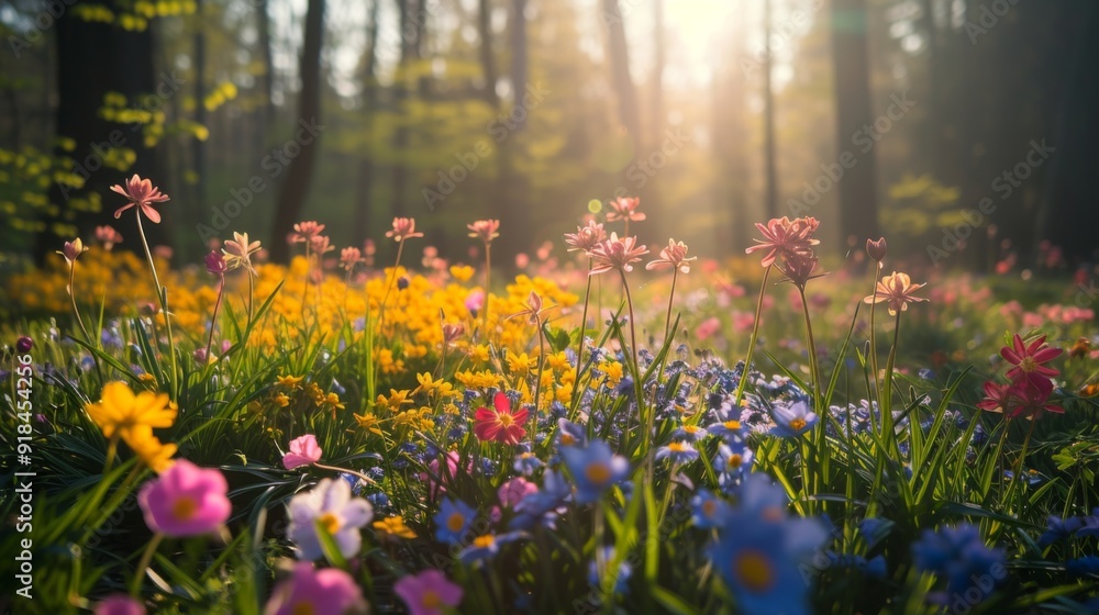 Obraz premium Colorful spring flowers blooming in a forest