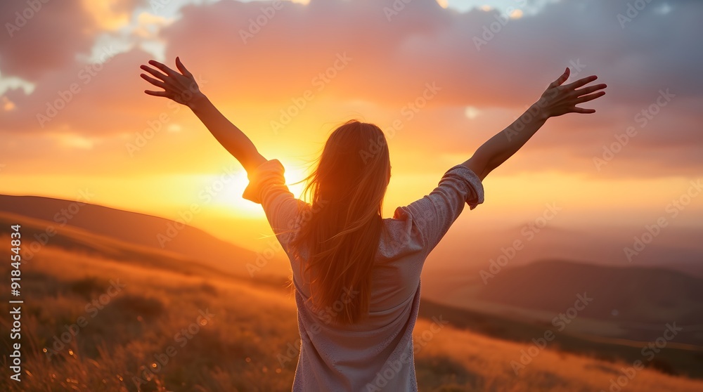 Happy woman standing with her back on sunset in nature iwith open hands. Happy woman standing with her back on sunset in nature iwith open hands.