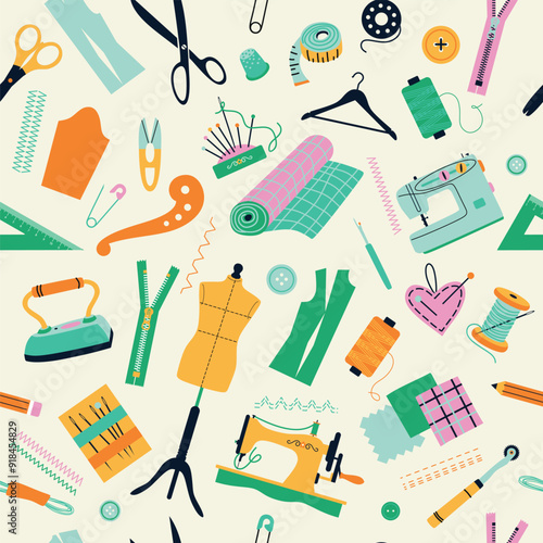 Seamless pattern of sewing tools icons tailor hand made workshop
