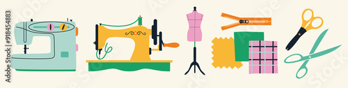 Illustrations set banners of sewing tools icons tailor hand made workshop