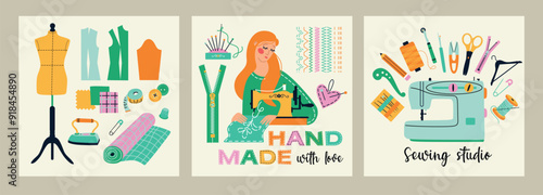 Illustrations set banners of sewing tools icons tailor hand made workshop