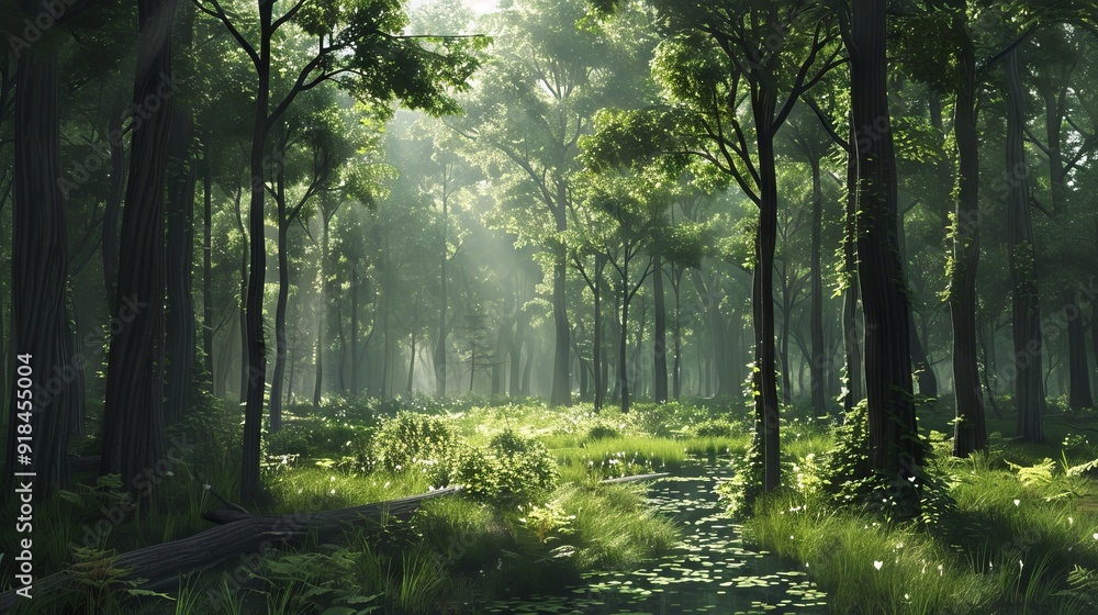 Obraz premium A forest is an ecosystem characterized by a dense community of trees. Hundreds of definitions of forest are used throughout the world. --ar 16:9 --v 6 Job ID: 93a13f74-9016-47ac-bdba-0b86af48b011