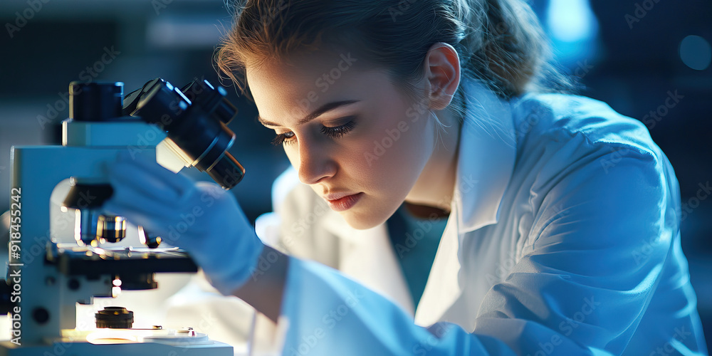Female Scientist in Lab Coat, Concentrating on Microscope Research Female Scientist in Lab Coat, Concentrating on Microscope Research