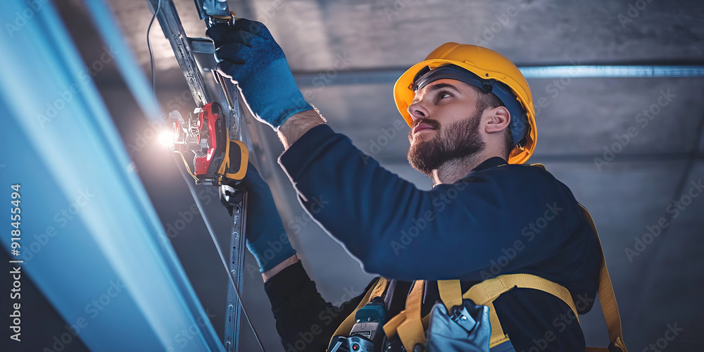 Fototapeta premium Male Electrician Working on Ceiling, Using Safety Harness and Tools