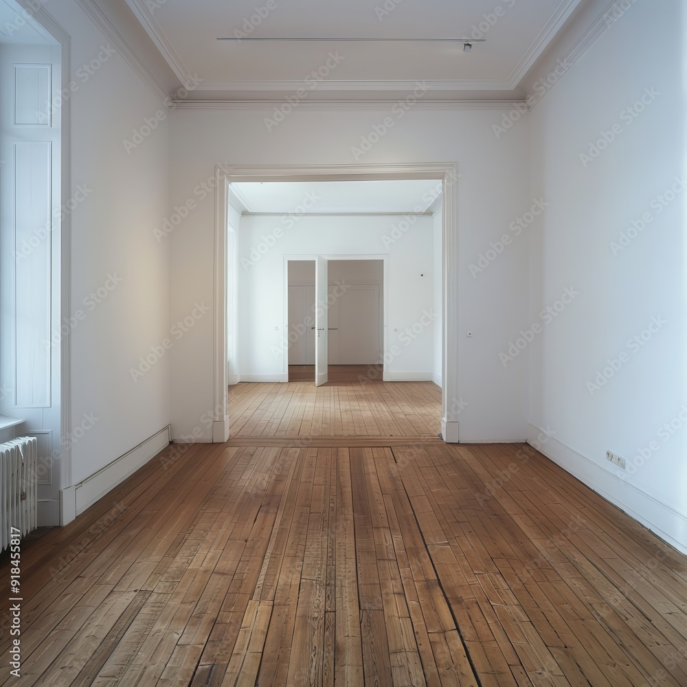 an empty room with wood flooring and white paint on the walls there is a door leading to another room an empty room with wood flooring and white paint on the walls there is a door leading to another room