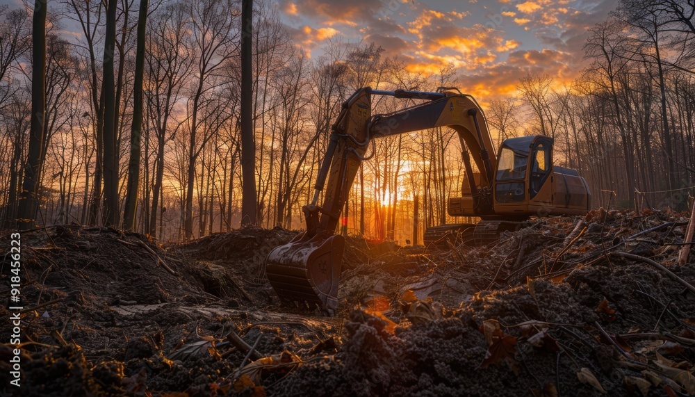 Excavator operates at sunset in a forest clearing, preparing land for development Excavator operates at sunset in a forest clearing, preparing land for development