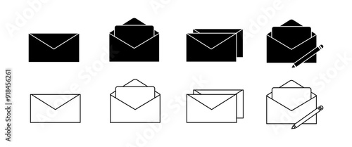 Message, Mail Box Vector Icons set, Black Letter, Envelope symbol in Modern Minimal style, Isolate Outline icon for Business, Graphic elements, Vector stock