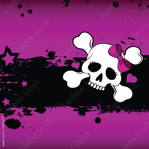  skull place card with place for text. Skull with pink bow on pink background with stars.