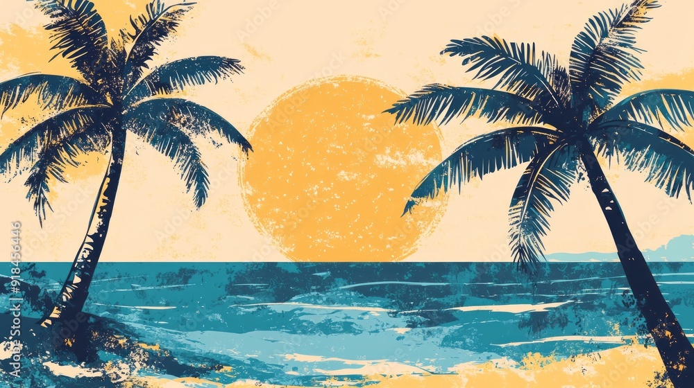 Obraz premium Boho groovy palm tree beach sun sea. Surf club vacation and sunny summer day aesthetic. Vector illustration background in trendy retro naive simple style. Pastel yellow blue braun color