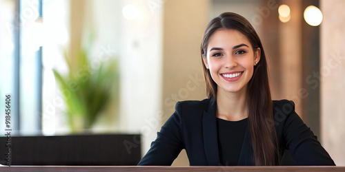 Female Receptionist Smiling Behind Desk, Welcoming Visitors to Organization