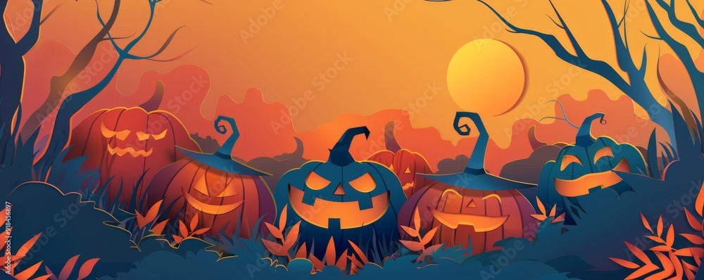 Illustrated Halloween scene with carved pumpkins, spooky trees, and a full moon in a misty, eerie atmosphere. Illustrated Halloween scene with carved pumpkins, spooky trees, and a full moon in a misty, eerie atmosphere.