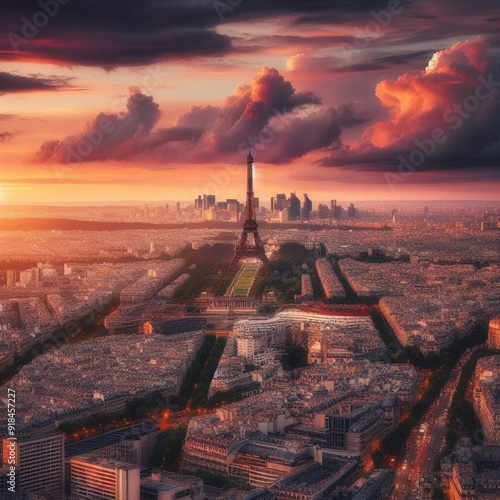 a breathtaking view of Paris at sunset, with the iconic Eiffel Tower standing tall amidst the city’s sprawling landscape