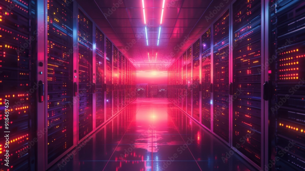 A 3D render of a data center during a peak operation period, with intense light patterns reflecting the high activity levels of the servers. The scene captures the hum of the machines and the A 3D render of a data center during a peak operation period, with intense light patterns reflecting the high activity levels of the servers. The scene captures the hum of the machines and the