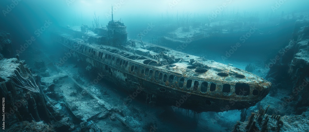 Exploring an Ancient Underwater World: Submarine with Panoramic View of Submerged Civilization Exploring an Ancient Underwater World: Submarine with Panoramic View of Submerged Civilization