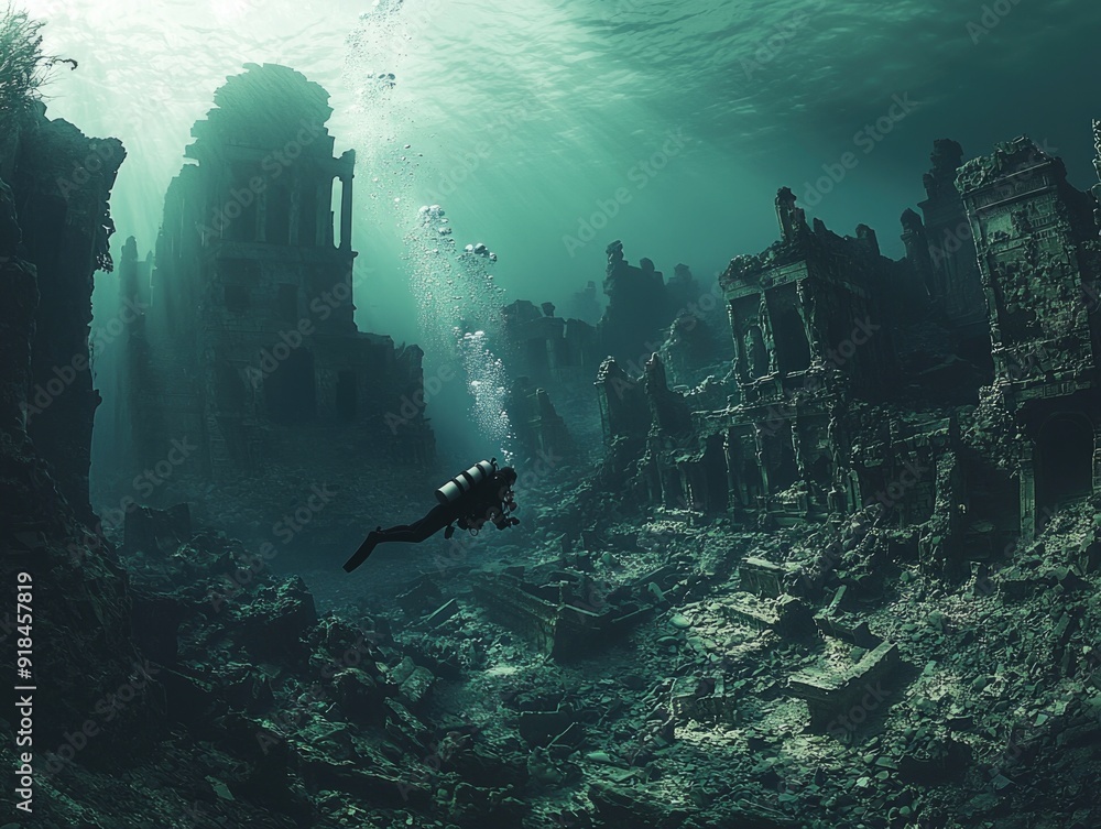 Exploring Mystical Depths - Diver navigating through ancient ruins in a submerged city Exploring Mystical Depths - Diver navigating through ancient ruins in a submerged city