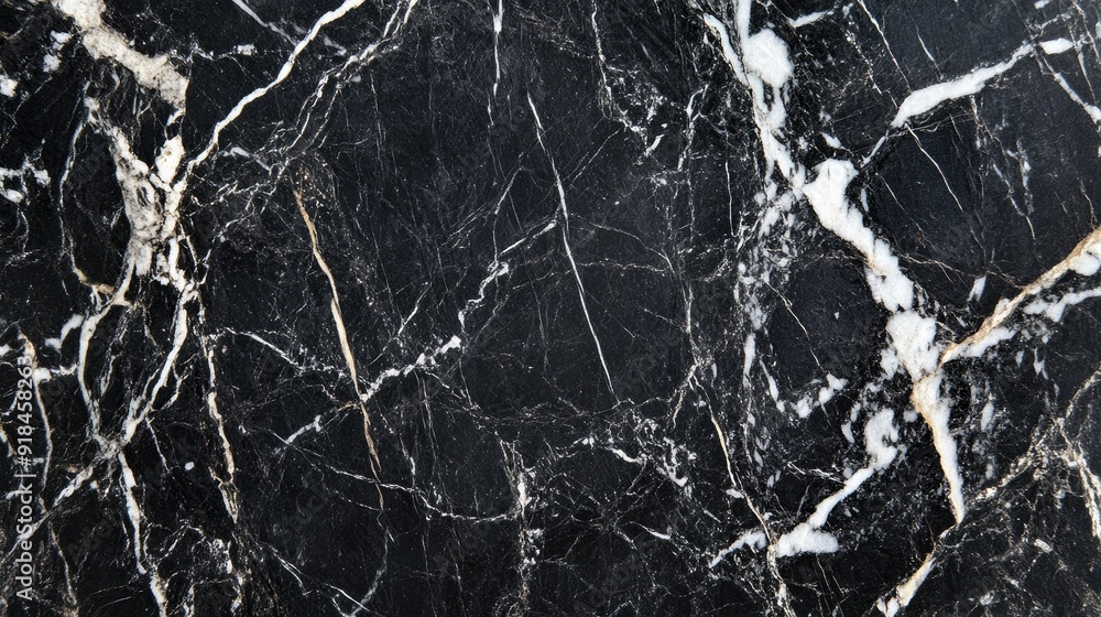 A close-up of black marble, showcasing its smooth surface and the striking contrast of white veins running through it. A close-up of black marble, showcasing its smooth surface and the striking contrast of white veins running through it.