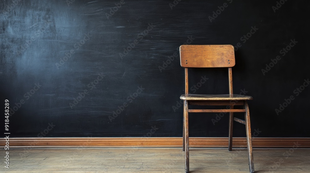 A lone chair in front of a blackboard. A lone chair in front of a blackboard.