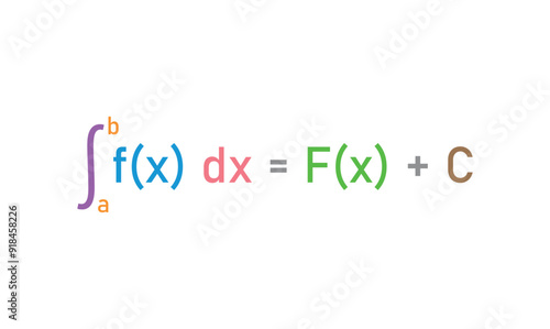 Integral of calculus formula. Variable of integration, Integrand, Integral sign, Upper and lower limit of integration.