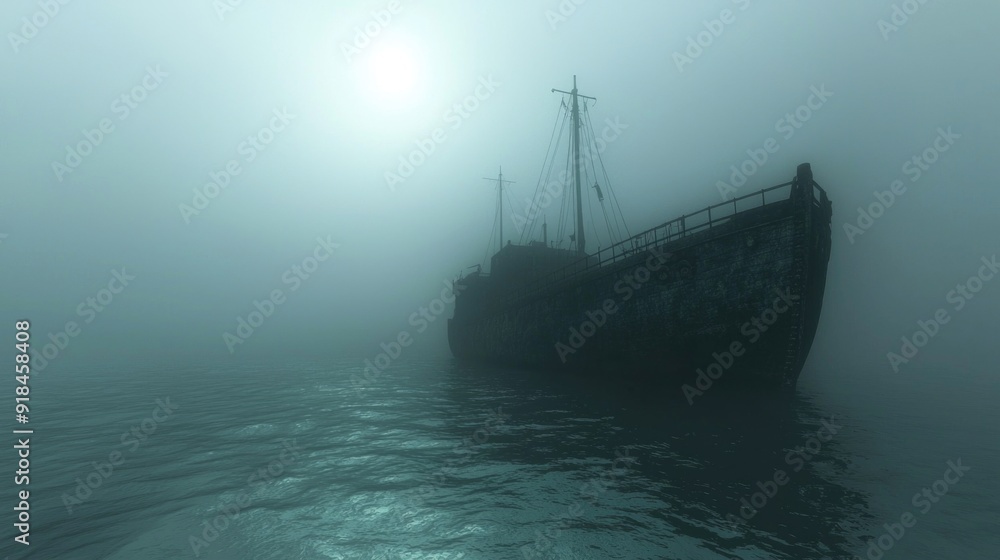 Obraz premium Eerie 3D Ghost Ship Sailing in Misty Waters with Haunting Atmosphere