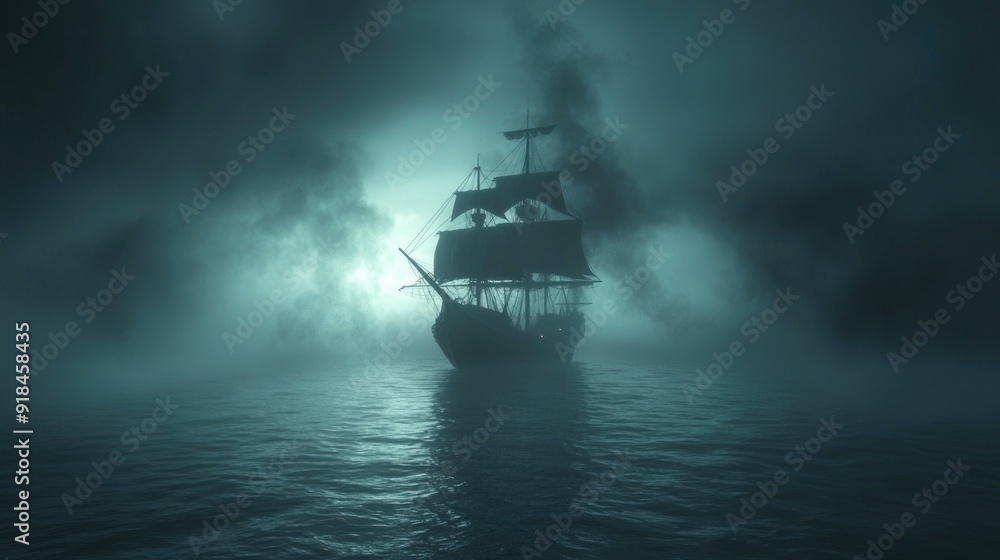 Eerie 3D Ghost Ship Sailing Through Misty Waters with Haunting Elements Eerie 3D Ghost Ship Sailing Through Misty Waters with Haunting Elements