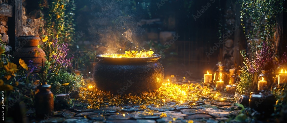 Mysterious 3D Witch Brew: Cauldron with Mystical Ingredients in Dark Enigmatic Setting Mysterious 3D Witch Brew: Cauldron with Mystical Ingredients in Dark Enigmatic Setting