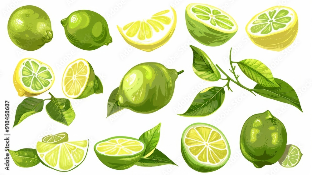Fresh green lemon set. Whole lemon fruit with leaves, lemons slices and cut lemon. Organic fruits for lemonade juice or vitamin C healthy food. Vector illustration isolated on white background. -- Fresh green lemon set. Whole lemon fruit with leaves, lemons slices and cut lemon. Organic fruits for lemonade juice or vitamin C healthy food. Vector illustration isolated on white background. --