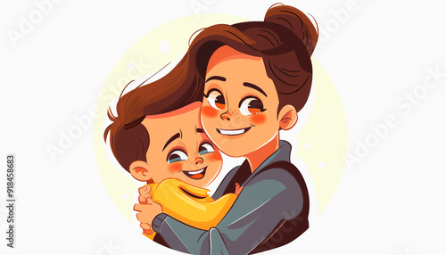 Cartoon Illustration of a Mother Hugging Her Son photo