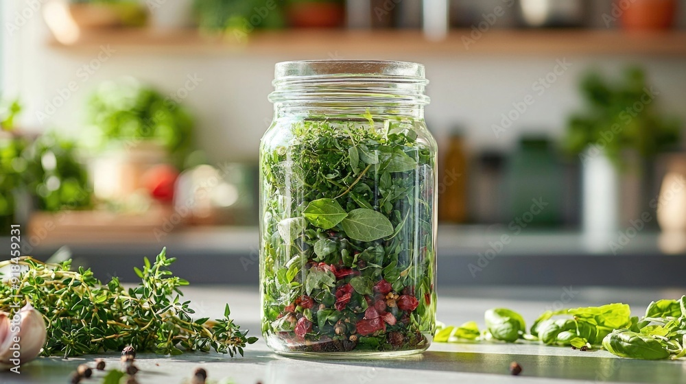 Fresh Organic Herbs in a Glass Jar on Kitchen Counter - Healthy Cooking Concept Fresh Organic Herbs in a Glass Jar on Kitchen Counter - Healthy Cooking Concept