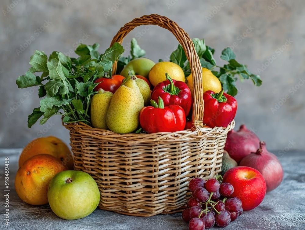 Fresh Organic Fruits and Vegetables Arranged in a Neat Wicker Basket on White Background Fresh Organic Fruits and Vegetables Arranged in a Neat Wicker Basket on White Background