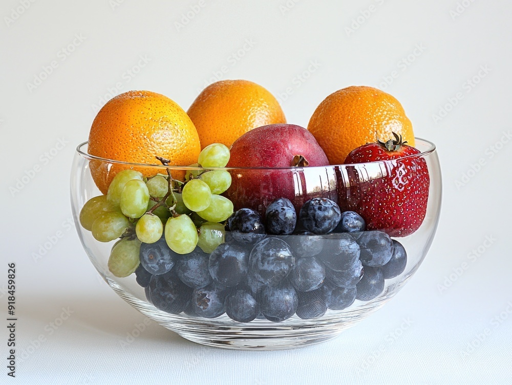 Fresh Organic Fruits Arranged in a Transparent Glass Bowl on White Background Fresh Organic Fruits Arranged in a Transparent Glass Bowl on White Background