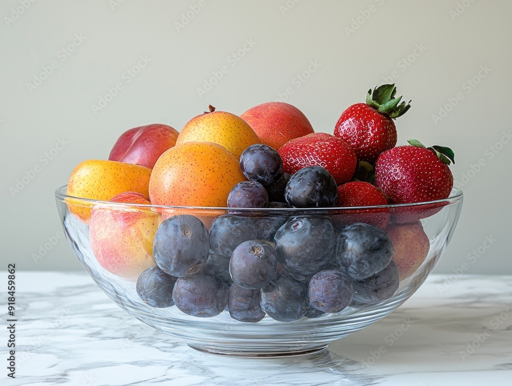 Fresh Organic Fruits Arranged in a Pristine Glass Bowl for a Healthy Lifestyle Display Fresh Organic Fruits Arranged in a Pristine Glass Bowl for a Healthy Lifestyle Display