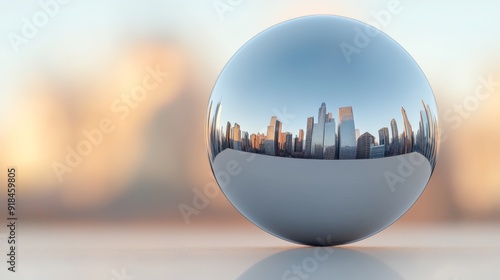 A closeup of a mercurymade sphere its surface fluid and everchanging reflecting a futuristic cityscape background in soft focus to emphasize the reflective details