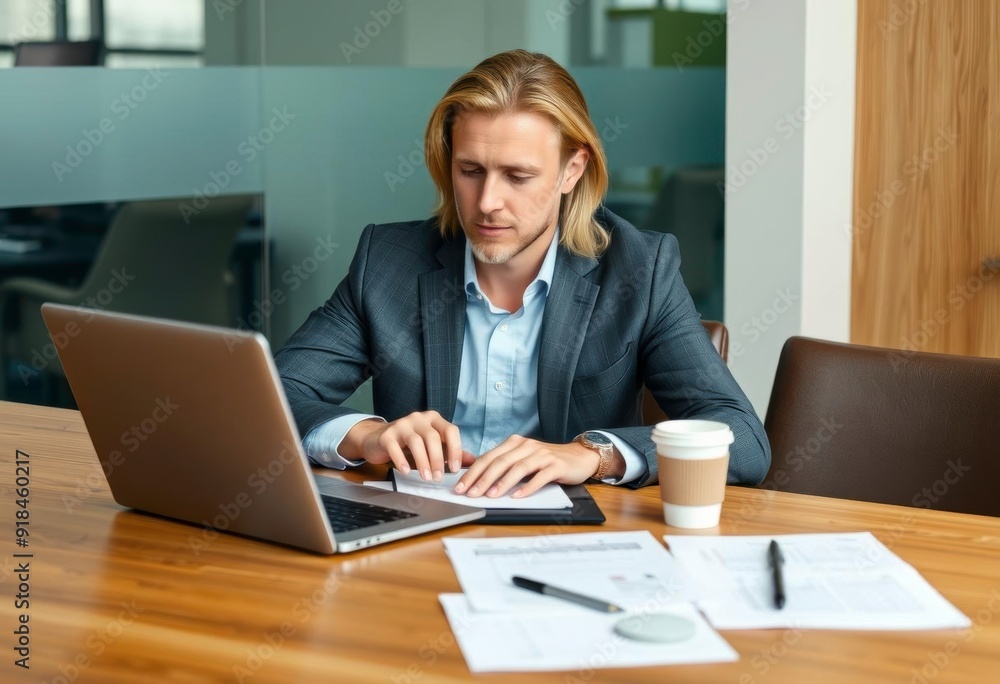 A middle-aged Caucasian man with short blonde hair wearing a blue collared shirt and a dark suit jacket, sitting at a desk and working on a laptop computer A middle-aged Caucasian man with short blonde hair wearing a blue collared shirt and a dark suit jacket, sitting at a desk and working on a laptop computer