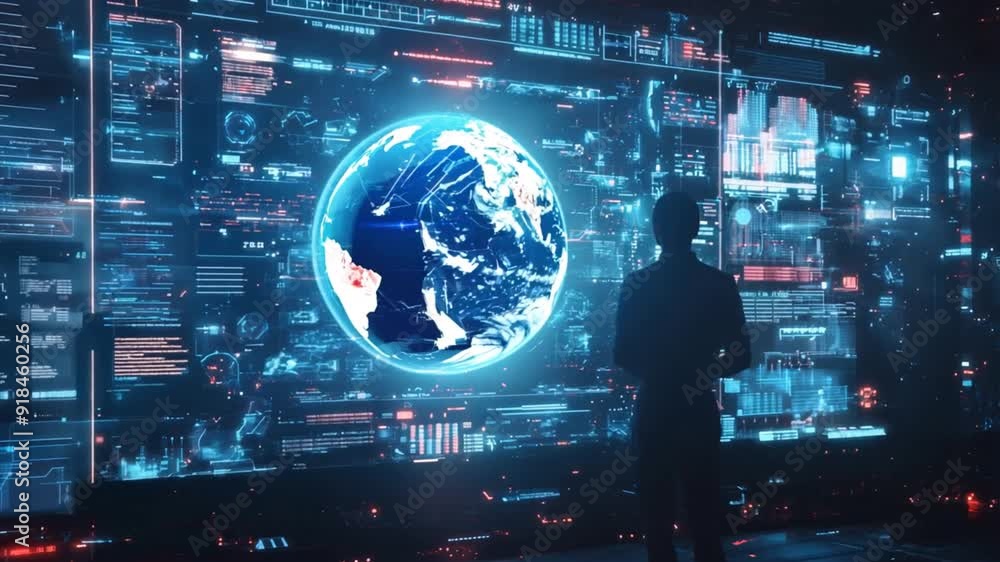 A futuristic digital interface showing a world surrounded by streaming data, with a silhouetted AI character looking at him from behind,inside a high-tech room,and holographic displays surrounding him A futuristic digital interface showing a world surrounded by streaming data, with a silhouetted AI character looking at him from behind,inside a high-tech room,and holographic displays surrounding him