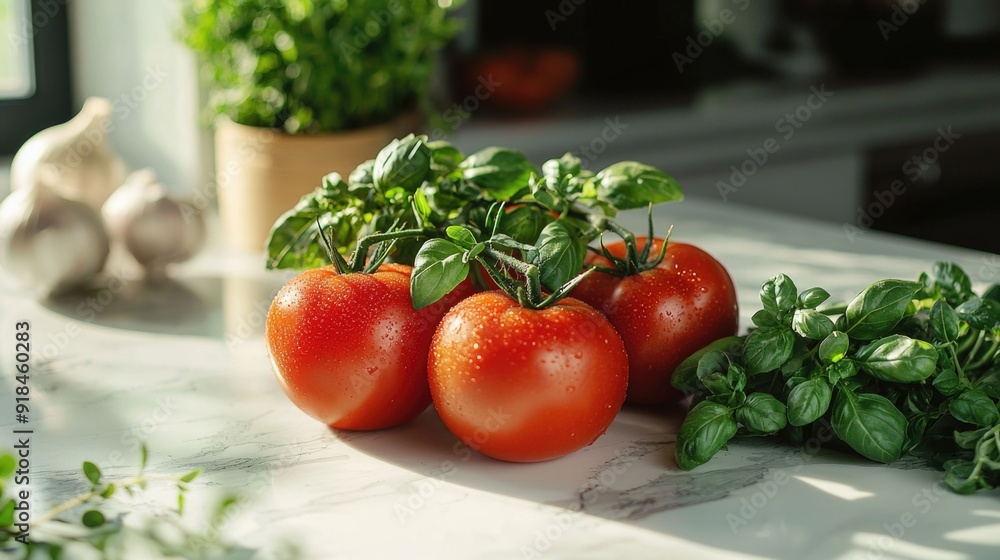 Fresh Organic Tomatoes and Herbs Arranged on a Bright Clean Kitchen Countertop Fresh Organic Tomatoes and Herbs Arranged on a Bright Clean Kitchen Countertop
