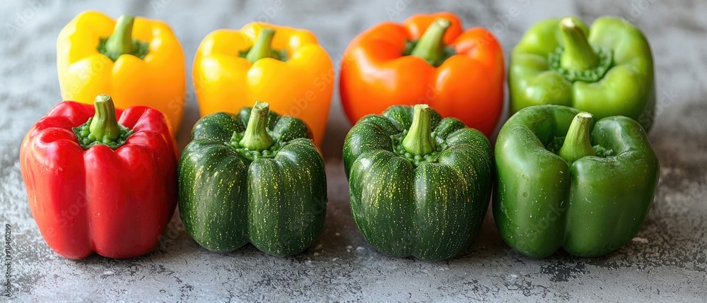 Fresh Organic Cucumbers and Bell Peppers Displayed on White Background Fresh Organic Cucumbers and Bell Peppers Displayed on White Background