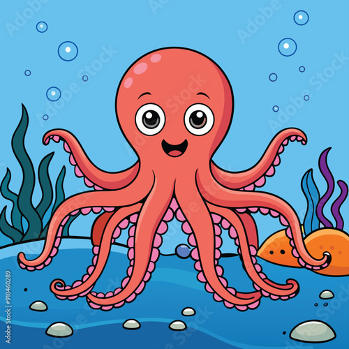 Cute octopuses swim underwater in sea hand drawn mascot cartoon character Artwork