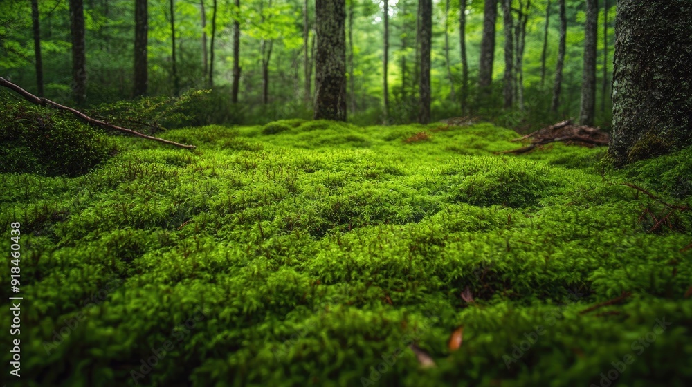 A lush forest floor blanketed in a sea of verdant green moss, creating a soft and vibrant natural texture.