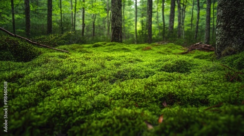 A lush forest floor blanketed in a sea of verdant green moss, creating a soft and vibrant natural texture.