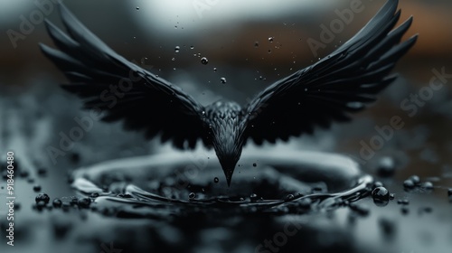 A conceptual art piece of a mercury phoenix rising from a pool of liquid metal wings spread and catching ambient light dark and mystical surroundings